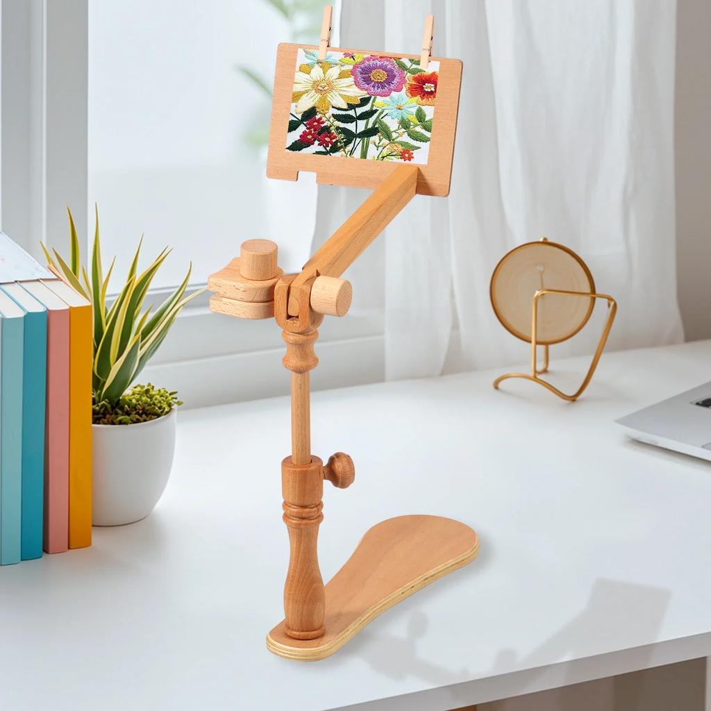 Embroidery Hoop Stand Adjustable Beech Wood Cross Stitch Stand Rotated Embroidery Frame Stand Desktop Embroidery Frame for Art