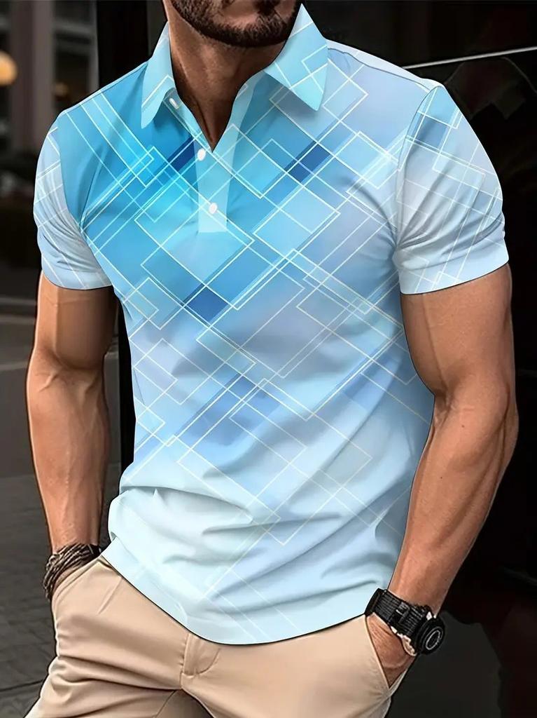 Trendy Geometric Print Short-sleeve Polo Shirt, Great for Casual Daily Outfits.