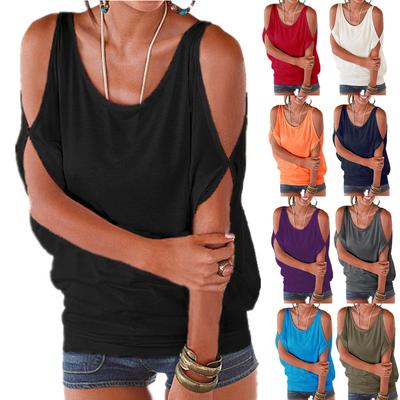 Women's Fashion Solid Color Strapless  Sleeve Loose Hundred Casual T-shirt