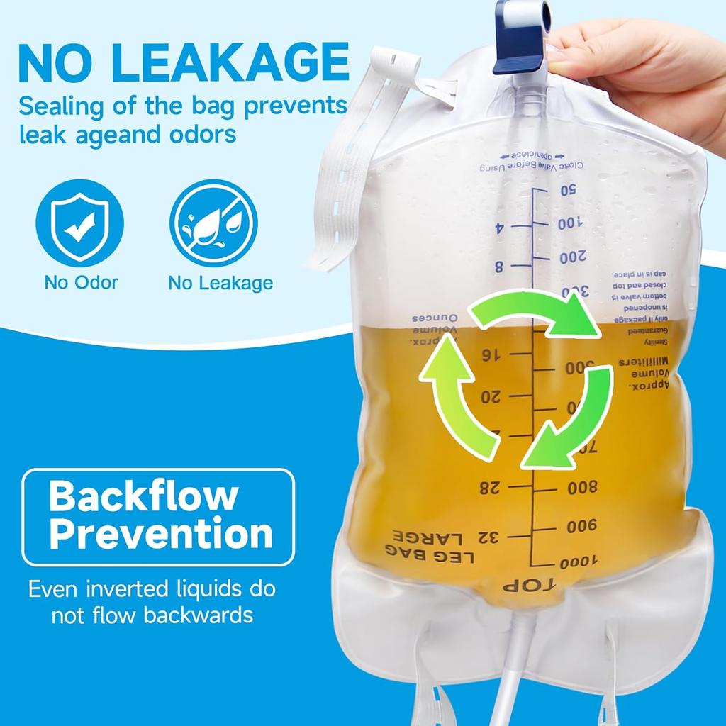 Catheter Bags for Men with 5PCS, Foley Catheter Leg Bags for Men 1000ML, Urine Bags for Easy Flip Drain Design