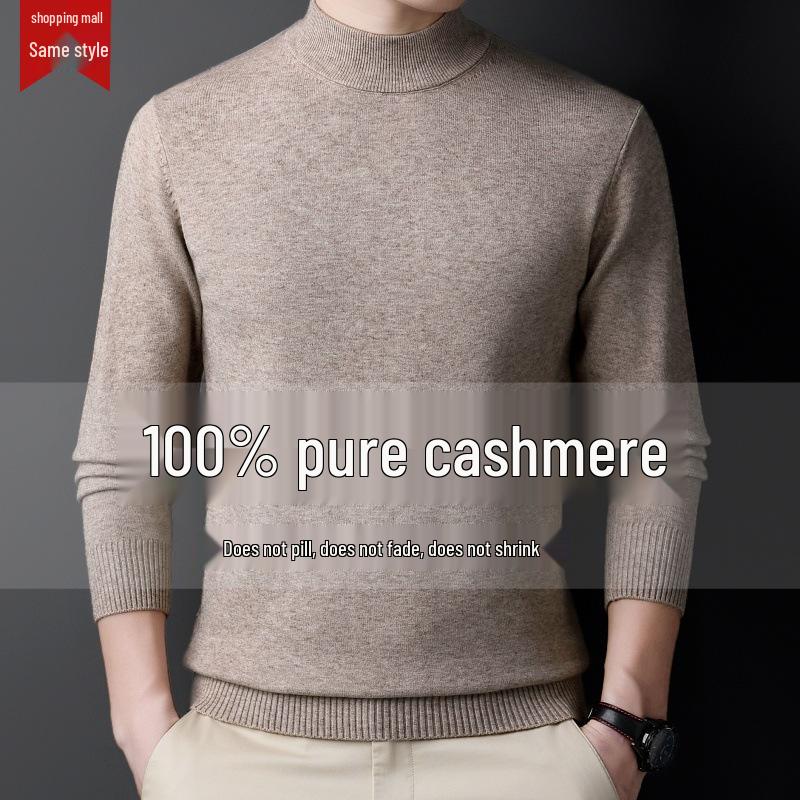 Men's 100% Cashmere Mid-Neck Black Sweater - Thickened Winter Base Layer