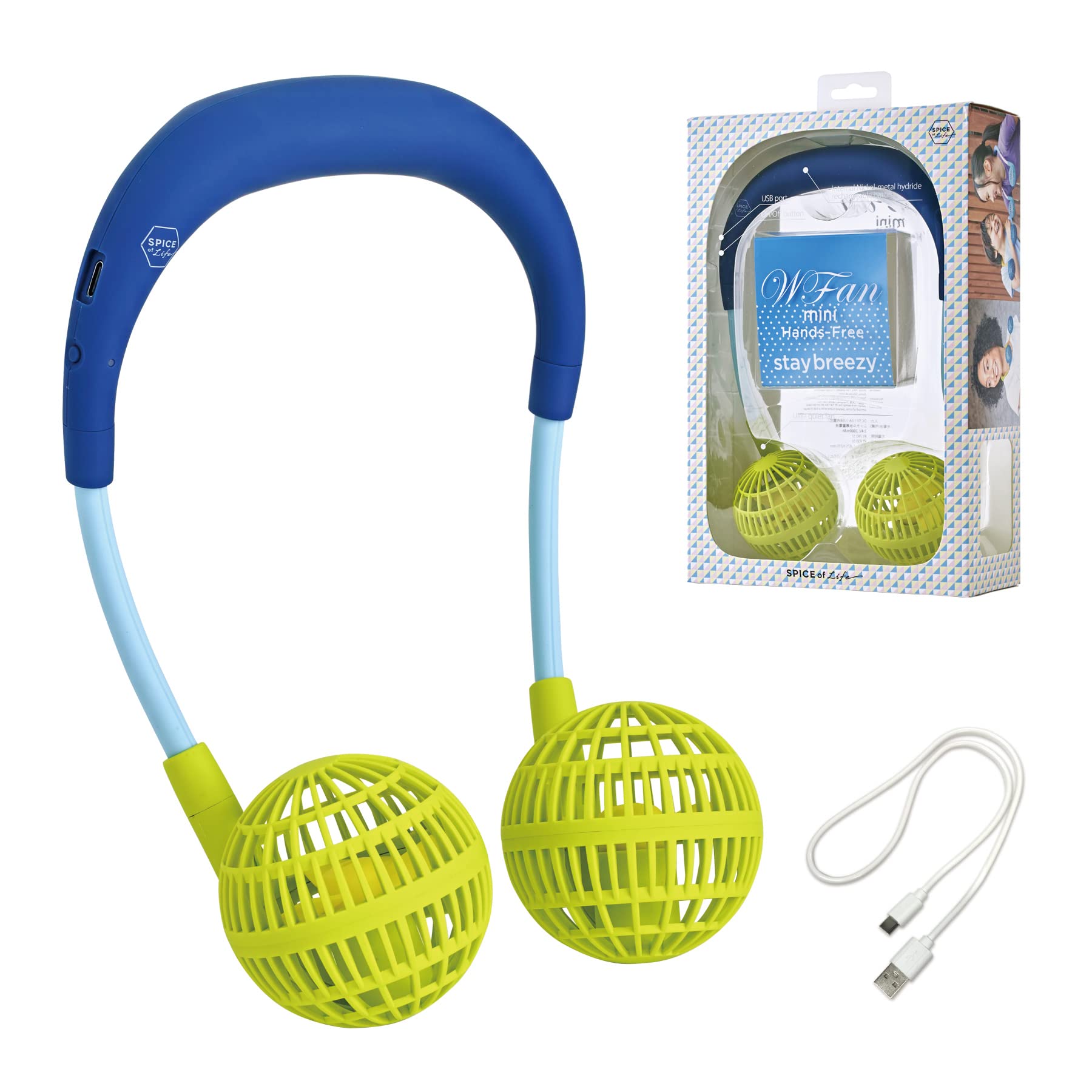 

SPICE OF LIFE WFan Mini Neck Double Navy Lime 330 Minutes of Continuous Comfortable Mask Heatstroke 500 Charging DFMN215NY Hands-Free Fan, Fan, &