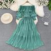Women Vintage Off Shoulder Dress Chiffon Summer Sweet Lotus Leaf Edge Elegant Pleated Dresses Ladies Evening Party Long Dress