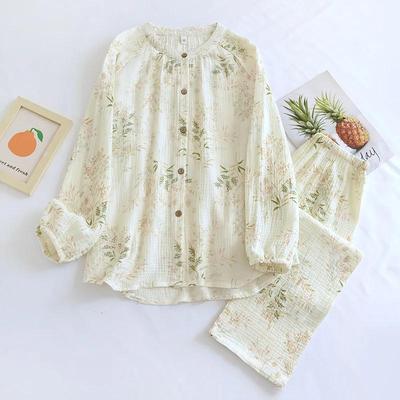 2026 New Spring and Autumn Women's Pajama Set 100%Cotton Crepe Long Sleeve Long Pants Two Piece Set Stand Up Collar Home Clothes