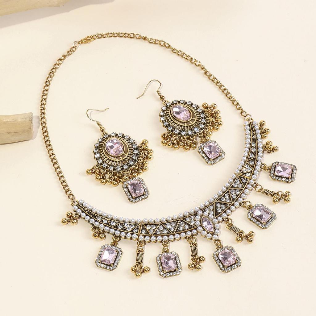 Retro Indian-Style Rhinestone Necklace & Earring Set with Tassel Clavicle Chain