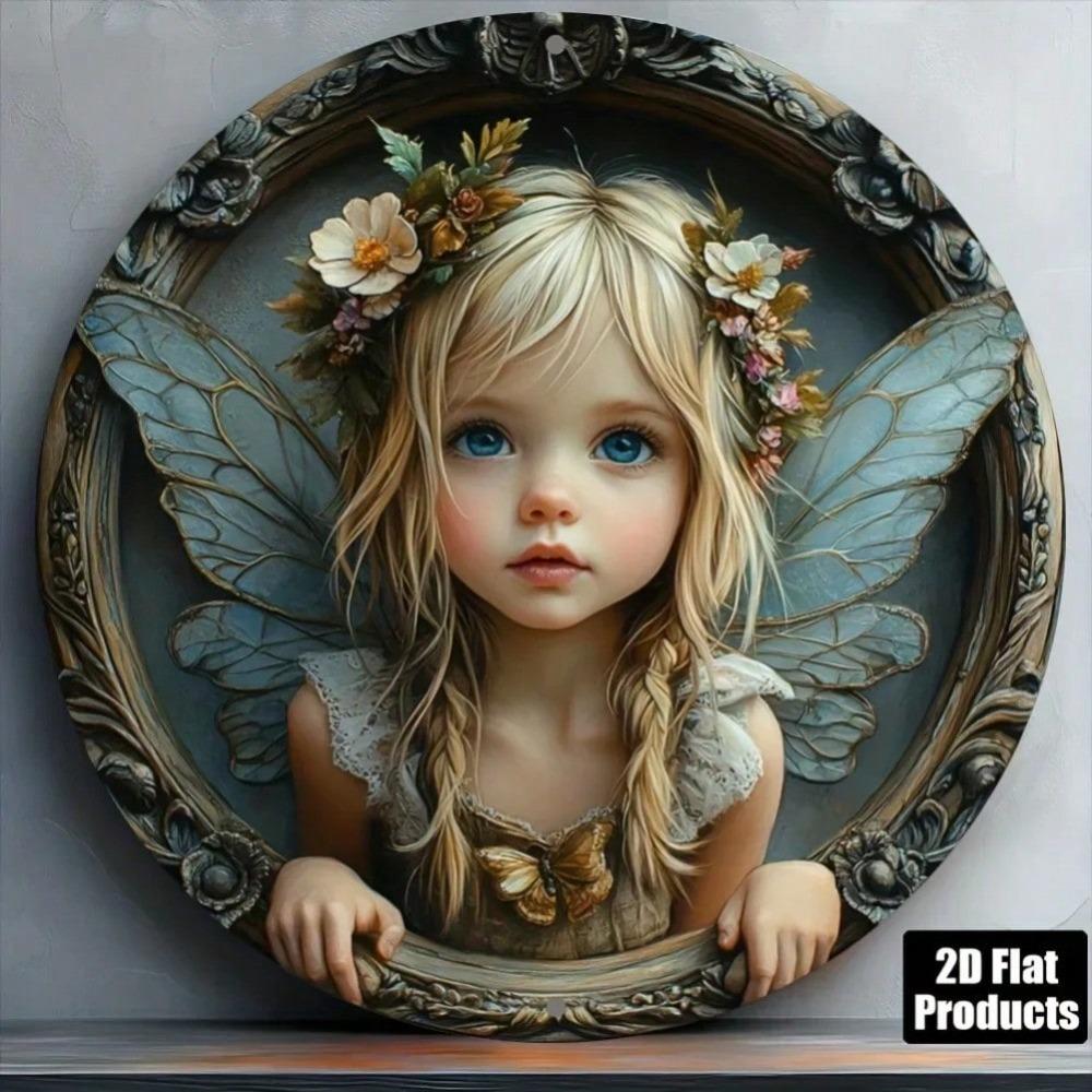 Vintage Butterfly Fairy Themed Round Aluminum Wall Art with Floral Decor