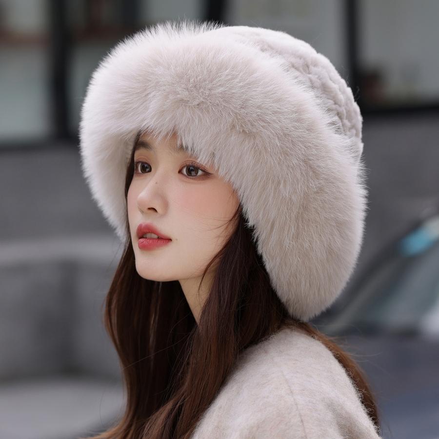 Bucket Hat Rabbit Hair Knitted Elastic Headgear Warm Female Autumn and Winter Fox Fur Hat