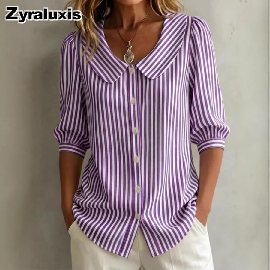 New Summer Striped Ruffle Collar Button-Down Shirt for Women