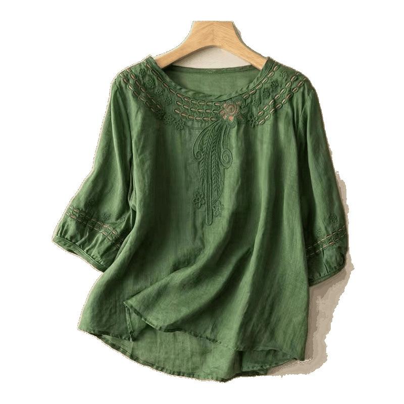Linen Plus Size Middle-aged Mom Summer Chinese Style Short Sleeved Women's Blouses & Shirts