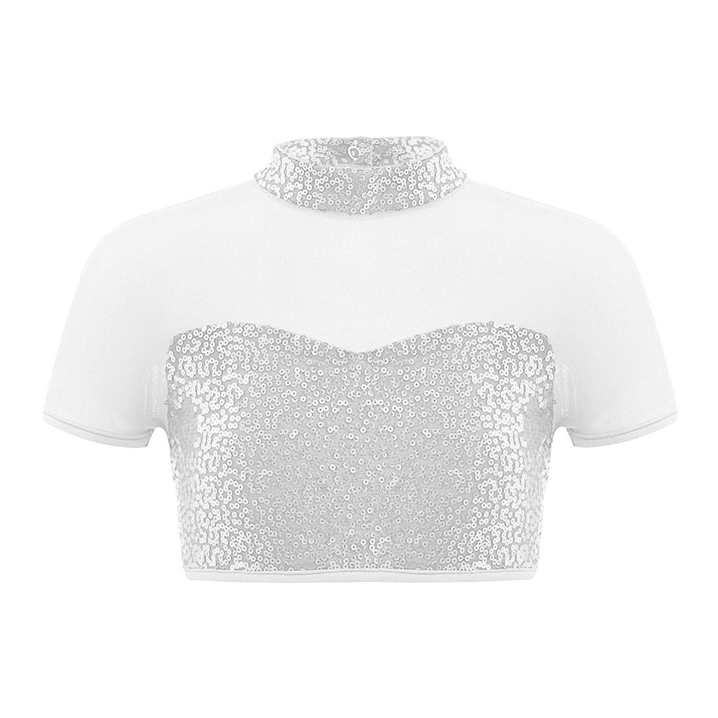 Girls Shiny Sequins Adorned Mock Neckline Short Sleeve Mesh Patchwork Crop Top Cutout Back Dance Top