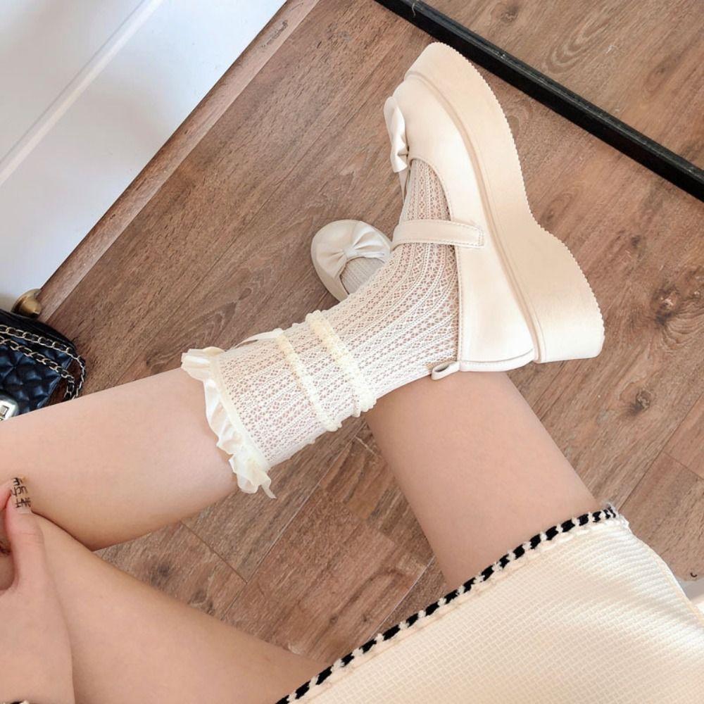 Ultra-thin Ruffle Socks Mesh Bow Women Socks Balletcore Black Lace Socks Lolita