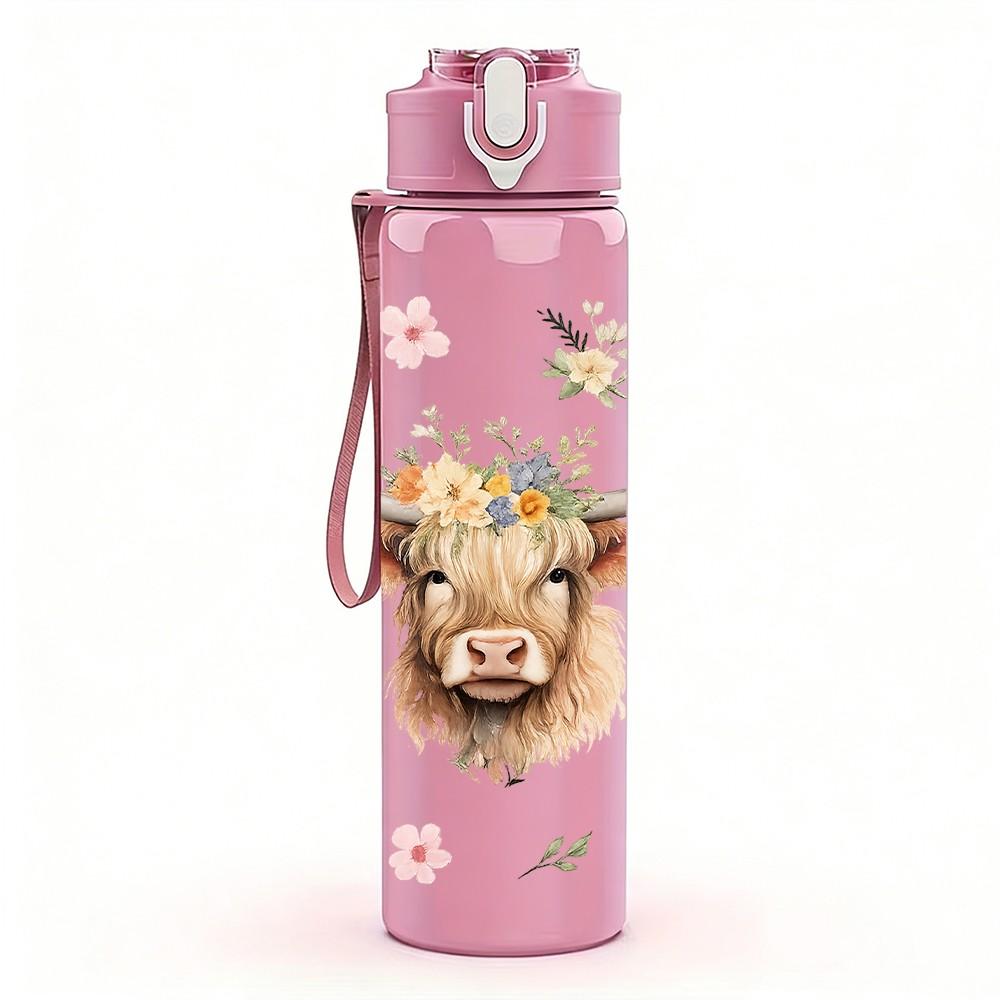 1PC Highland Cow Flower Wreath Print 750ml Color Plastic Sports Water Bottle Leakproof Flip Straw Lid Suitable for Sports Office Home Use