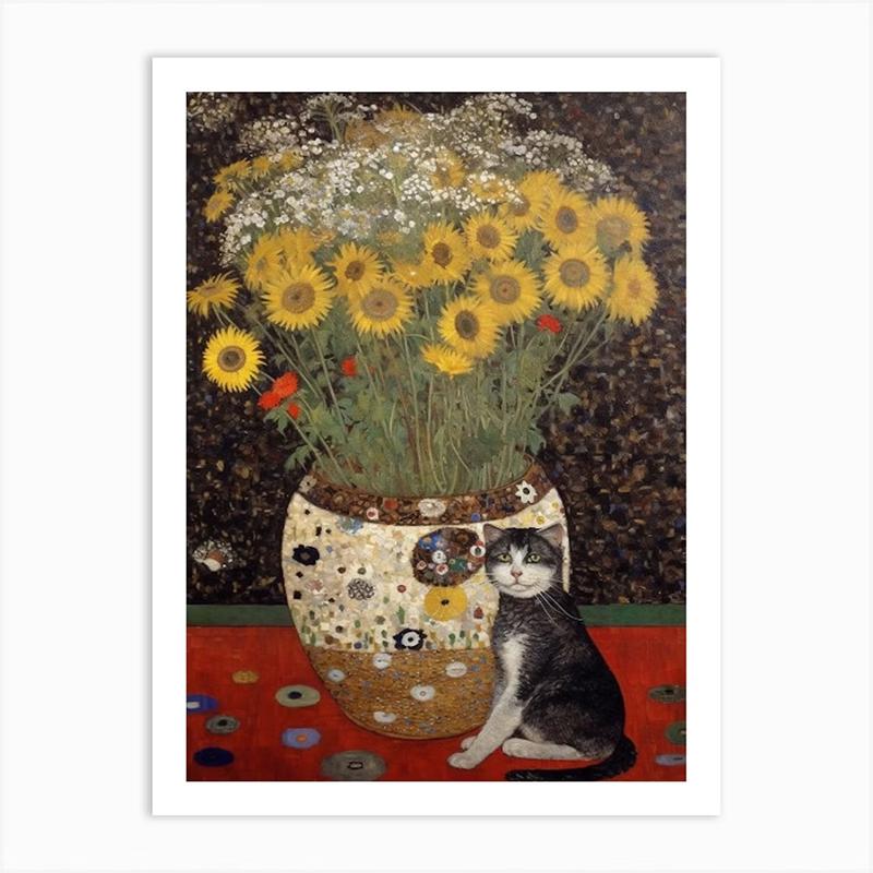 Vintage Bouquet Flower Lotus Lilies With A Cat Art Nouveau Klimt Style Art Print Poster Canvas Painting Wall Picture Room Decor