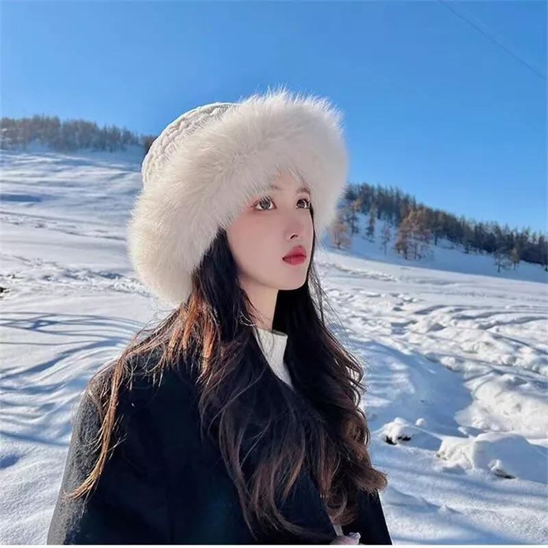 Winter Warm Fluffy Faux Fur Bucket Hat for Women Thermal Windproof Fisherman Cap Warmer