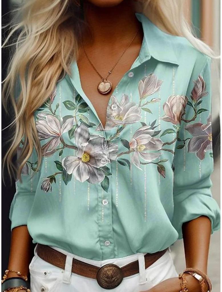 Sommer Damen Hemd Blumen Grafik Bluse Reverskragen Bluse Damen Langarmhemden Damenbekleidung Damenkleidung