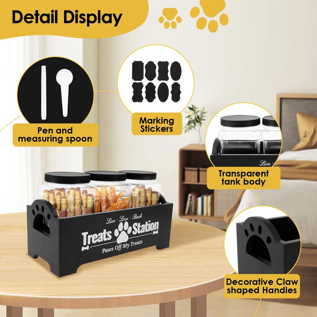 Wood Dog Food Container with 3 Plastic Treat Jars Cat Food Container with Handles Practical Food Storage Container Decorative