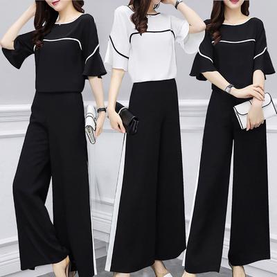Summer Stylish 2-Piece Set Loose-Fit Bell Bottoms Short Sleeves Women's Trendy Korean Version Suit