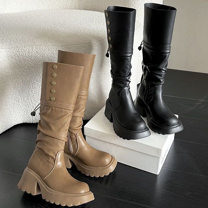 Retro plissierte Stiefel zum Stapeln, Damen 2025 dicksohlige aber kniehohe ausländische kleine hohe Ritterstiefel