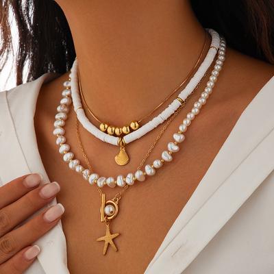 Ingemark 3Pcs/Set Bohemian Scallop Starfish Pendant Necklace for Women Elegant Imitation Pearl Chain Jewelry Accessories Gift