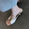 Designer Luxury Thick Heel Summer Women Slippers Fashion Metal Decoration Open Toe Dress Slides Ladies Stripper Party Sandals