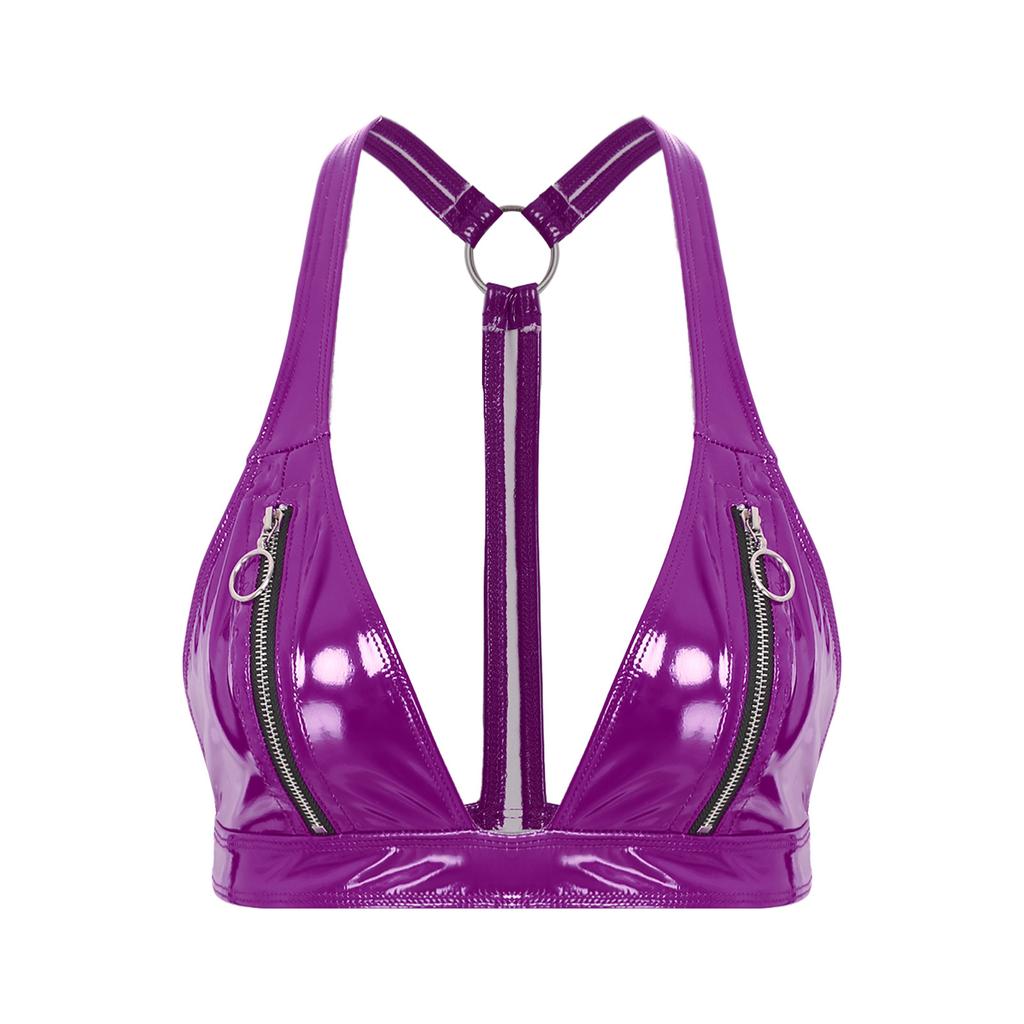 Womens Patent Leather Bralette O-Ring Y Back Zipper Front No Pad Cup Crop Top Clubwear Disco Top