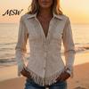 Western Cowgirl Outfit Women Tassel Shirt for Autumn, Button Down Slim Fit Fringe Elegant Date Night Shirts Blouse, Solid Color Casual Long