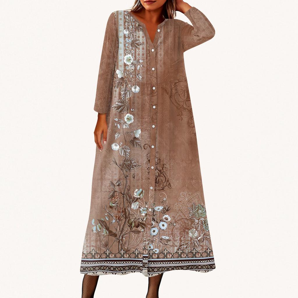 Women's Fashionable Printed Round Neck Seven Quarter Sleeve Button Loose Shirt Dress