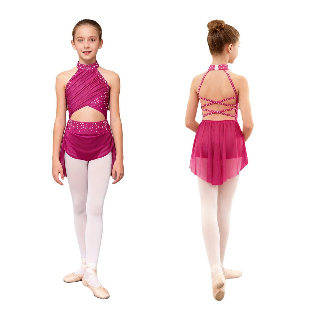 Kids Girls Modern Lyrical Dance Dress Ballet Figure Skating Gymnastics Leotard Bodysuit Costume Strappy Back Latin Jazz Dress