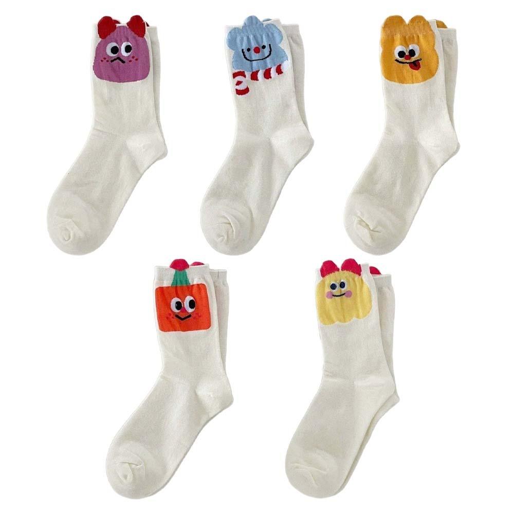 5Pairs Patchwork Short Socks Women Cute Mid Calf Socks Funny Cartoon Tube Socks  Lady