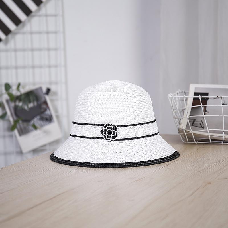 Xiaoxiangfeng Hat Straw Pot Hat Summer New Camellia Retro Bucket Hat Sunshade Sunscreen Beach Sun Hat