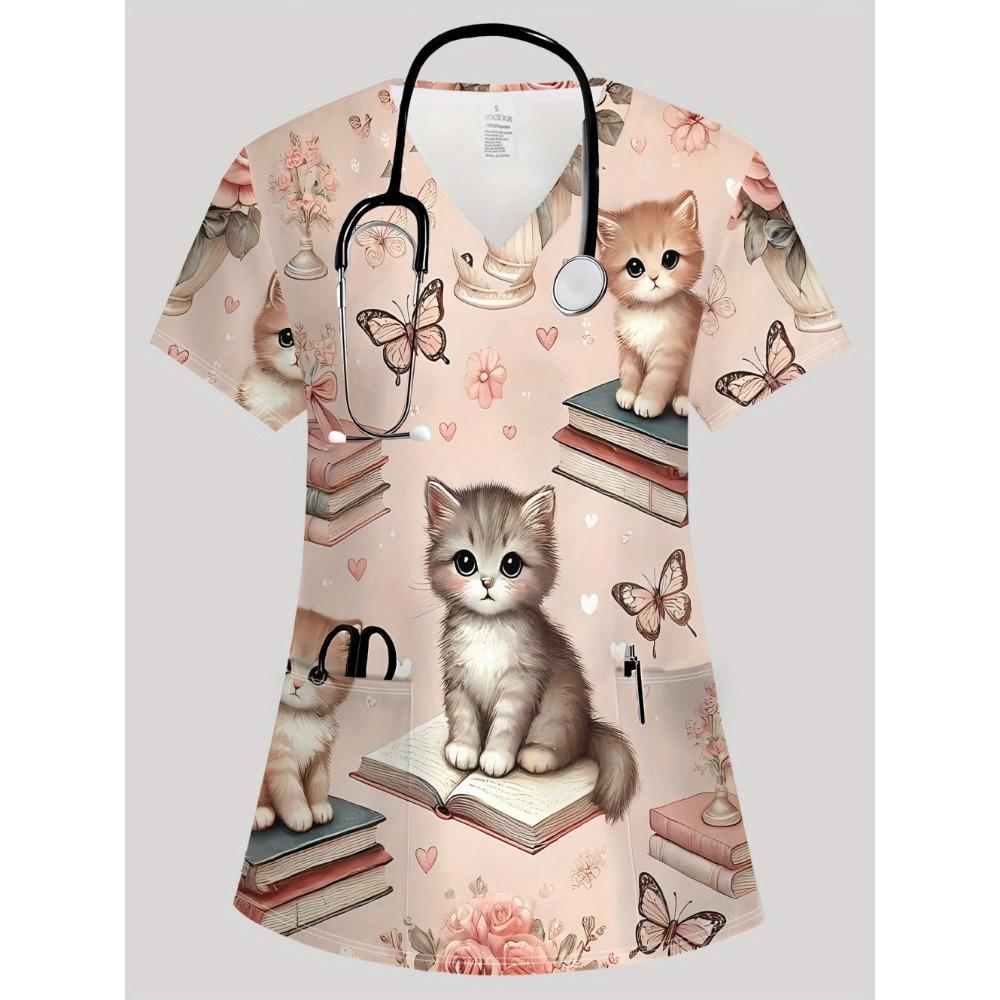 Summer Womens Fashion V-Neck Short Sleeve Uniform Pockets Tops Cute Cat Pattern Print Comfortable Vet Clinical Uniforms Woman