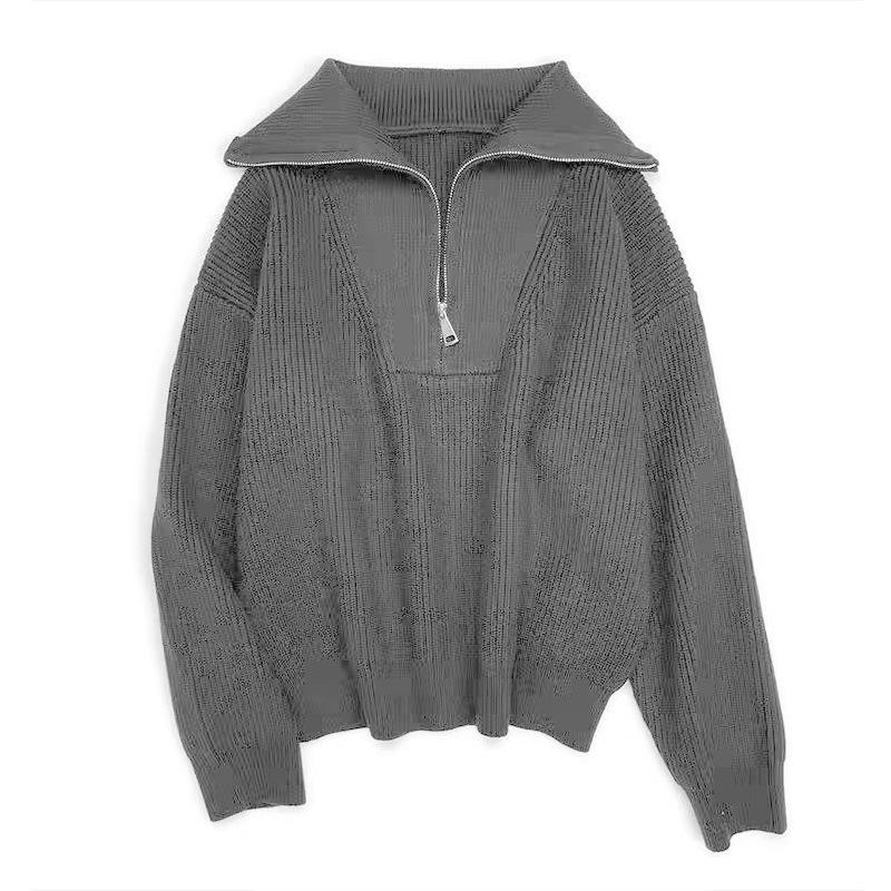 Half zipper knitted sweater autumn and winter fashion lapel simple casual temperament large size sweater women