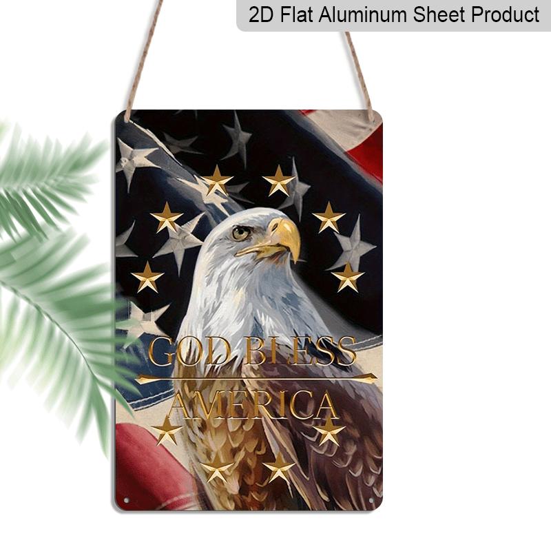 

2D Flat Vintage Patriotic Metal Wall Decor - 4th of July USA Flag & Eagle Aluminium Sign with God Bless America Inscription, Durable Aluminium 20*30cm