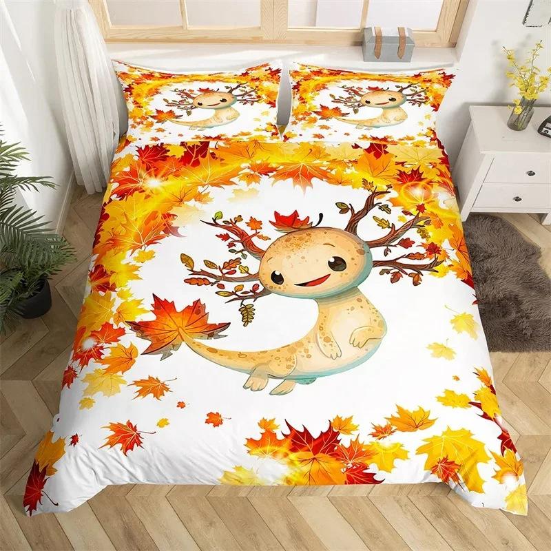 Cartoon Salamander Bedding Set, Maple Leaf Duvet Set, Microfiber Marine Life Three-Piece Set.