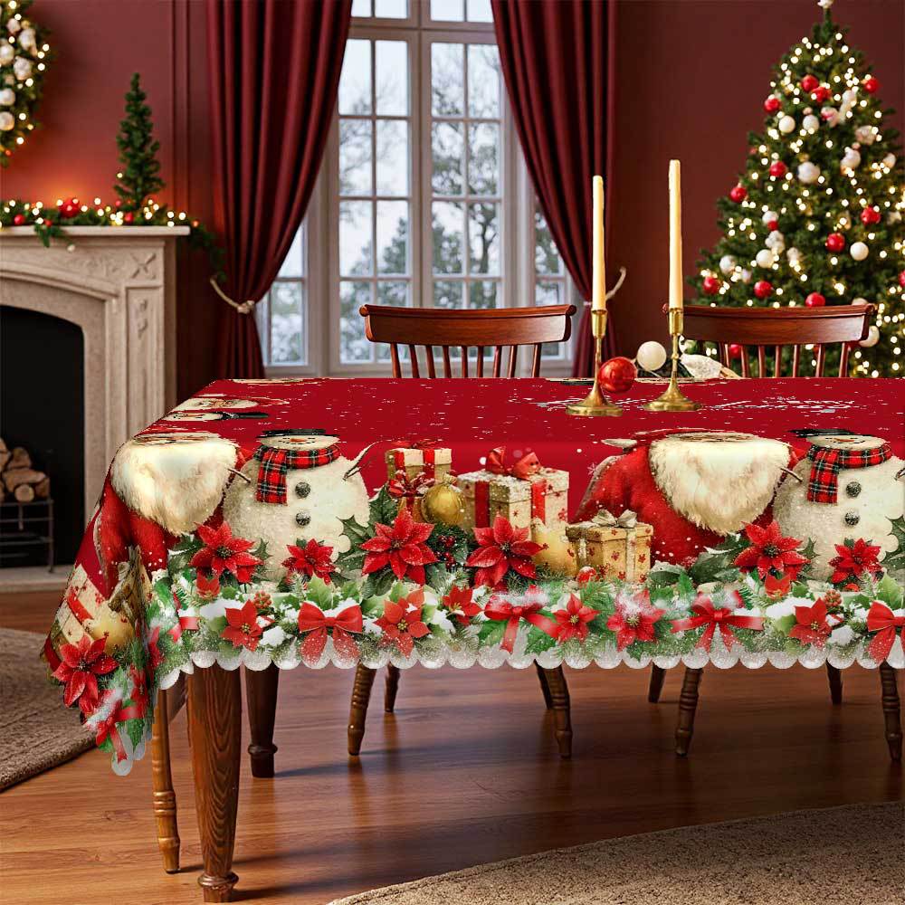 Christmas Red Tablecloth, Snowman Gift Berry Bow, Holiday Table Decorative Cloth, Home Table Cloth
