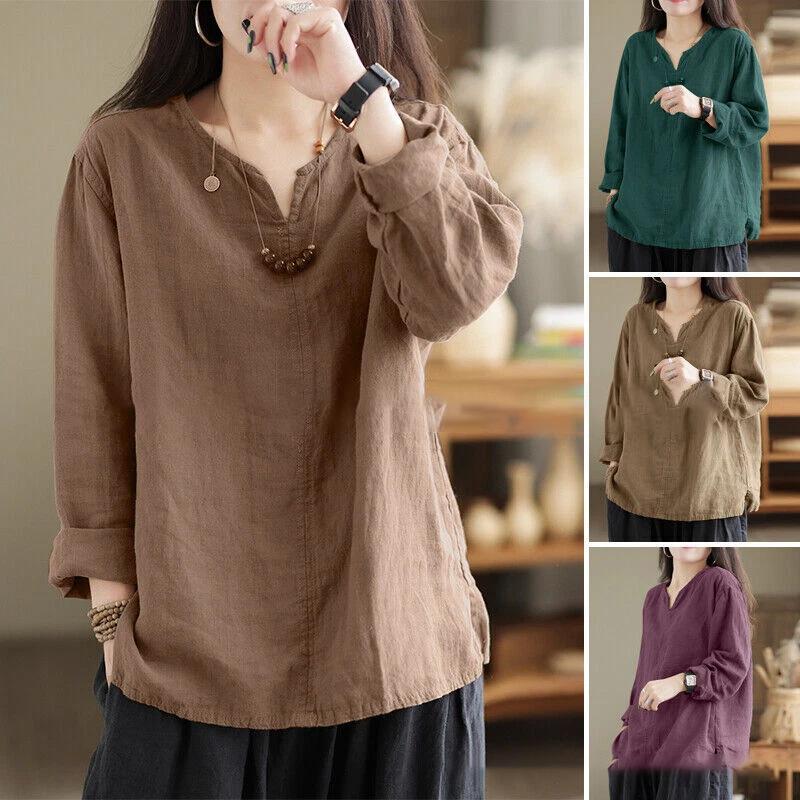 Autumn Women Vintage Cotton Blouse Fashion Solid Loose Shirt Work Tunic Blusas Mujer V Neck Long Sleeve