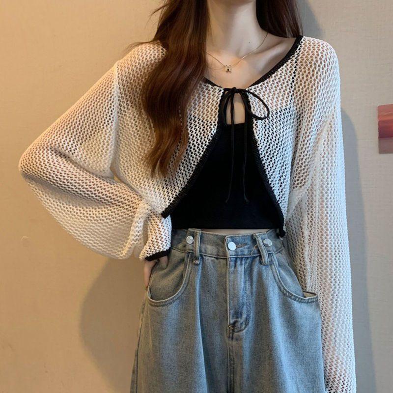 

Women s Summer Thin Knit Sun Protection Cardigan with Unique Design Niche Hollow Out Shawl Outer Wear Coat Top One size білий