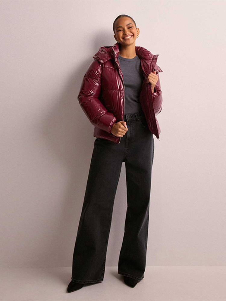 Women's Stand Up Collar Hooded Long Sleeved Zipper Glossy Thick Jacket for Winter