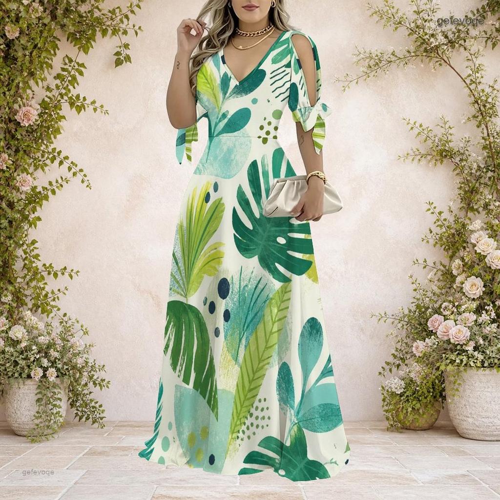 Women Plus Size V Neck Cold Shoulder Short Sleeve Tie Cuff Printed A Line Maxi Dress