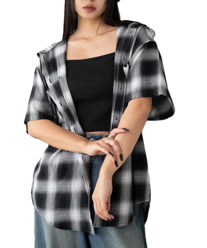 WEGO Hooded Check Big Shirt Black Women's (Small),
