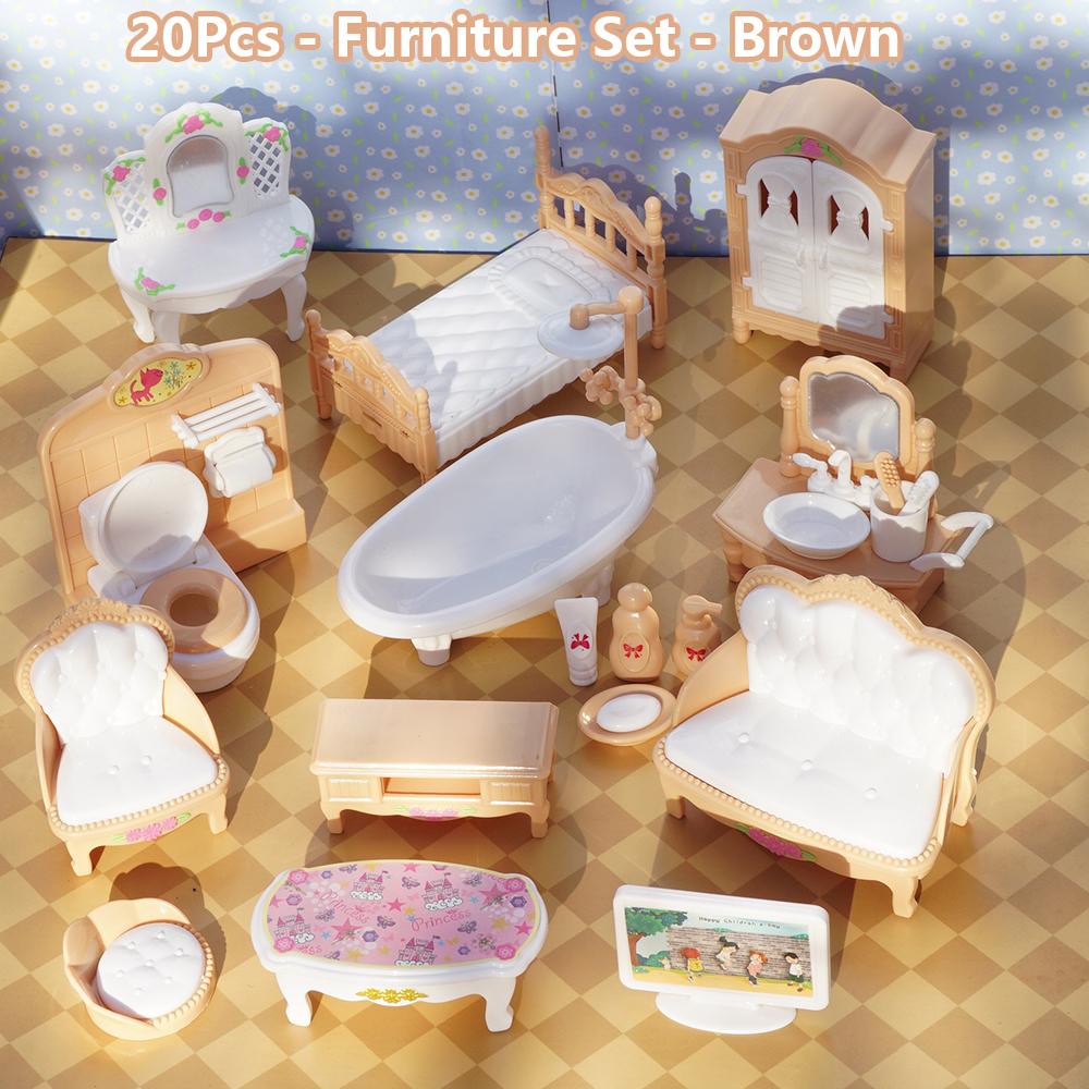 24Pcs Style Brown Miniature DollhouseFurniture Accessory Kids Toy Cute Kawaii Pink Kitchen Cooking Things For Girl Gifts