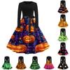 Women's Casual Vintage Halloween Print Dress Long Sleeve Round Neck Retro Style Fit and Flare Midi Dress with Waist Tie