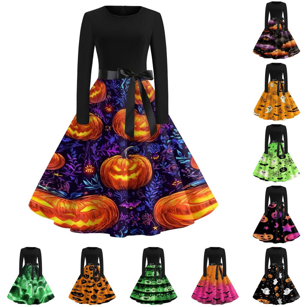 Women's Casual Vintage Halloween Print Dress Long Sleeve Round Neck Retro Style Fit and Flare Midi Dress with Waist Tie