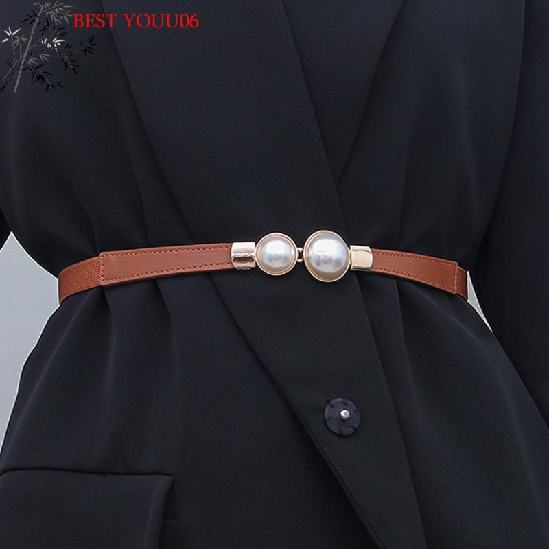 Hot Creative Pearl Buckle Belt PU Leather Dress Skirt Waist Elastic Thin Women Belts Ladies Waistband