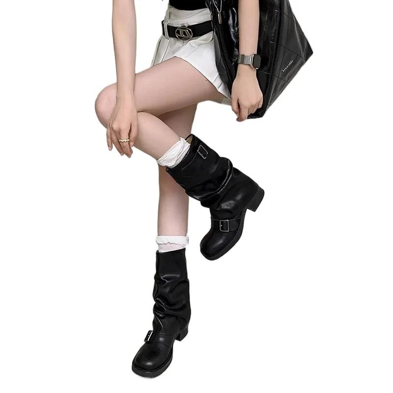 2024 High Quality Ladies Shoes Slip-on Women's Boots Fashion Belt Buckle Modern Boots Women Hot Sale Round Toe Mid-Calf Boots