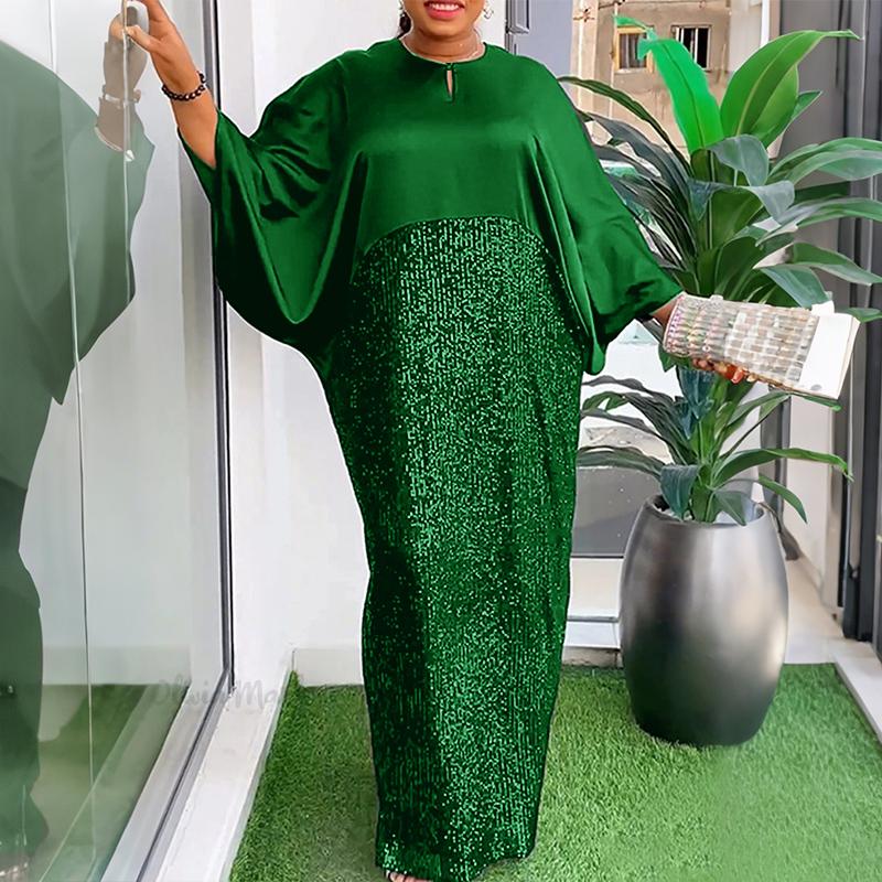 Oversized Women 3/4 Sleeve Glitter Sequin Patchwork Casual Baggy Maxi Kaftan Dress