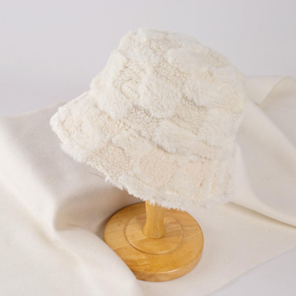 Lamb Velvet Fisherman Hat for Women Japanese Style Checkerboard Color Bucket Hat Autumn and Winter Thickened Warm and Face Showing Small Plush Hat