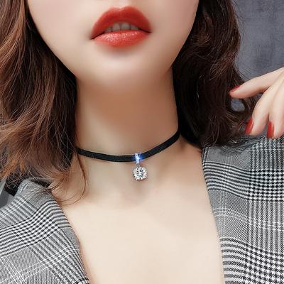 Design Sense Super Flash Zircon Pendant Choker Neck Strap Leather Rope Necklace Women's Short Collarbone Chain Simple