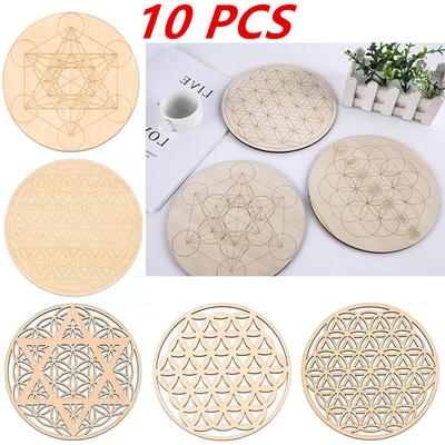 10PCS Círculos de Borde Redondo Grabados Posavasos Madera Símbolo Flor de la Vida Chakra Natural Para Juego de Cristal de Piedra Mantel Individual Cocina DIY