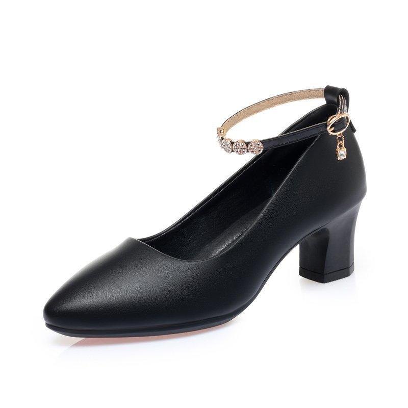 

One-button high heels women s thick heel mother shoes medium heel small leather shoes black single shoes 35 чёрный